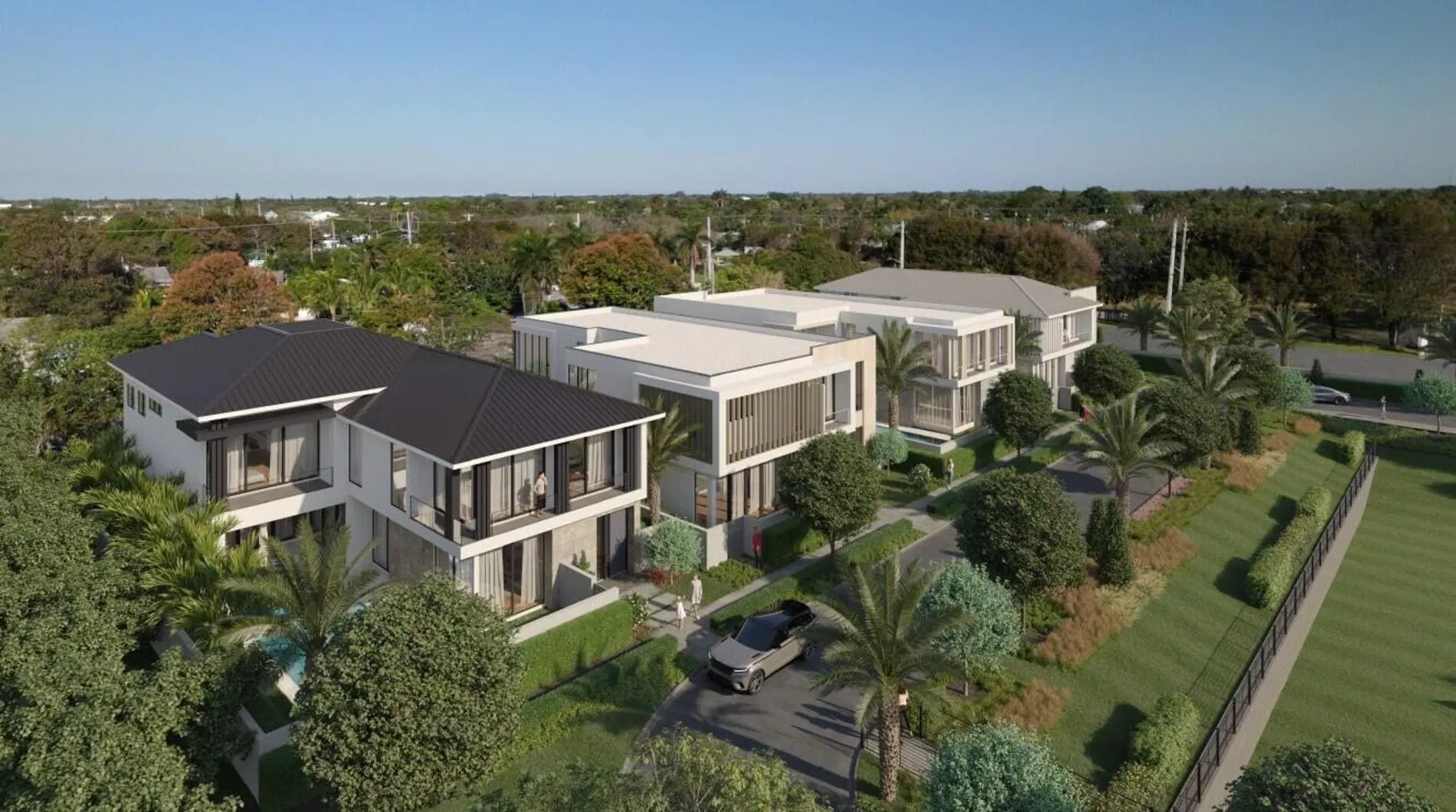Aerial rendering of Grove Estates, a gated new construction home community in downtown Delray Beach, Florida.